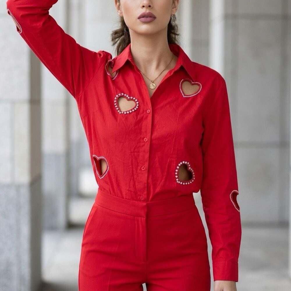 Lizette Collection Red Cotton Shirt with Crystal-Embellished Heart Cutouts #1301